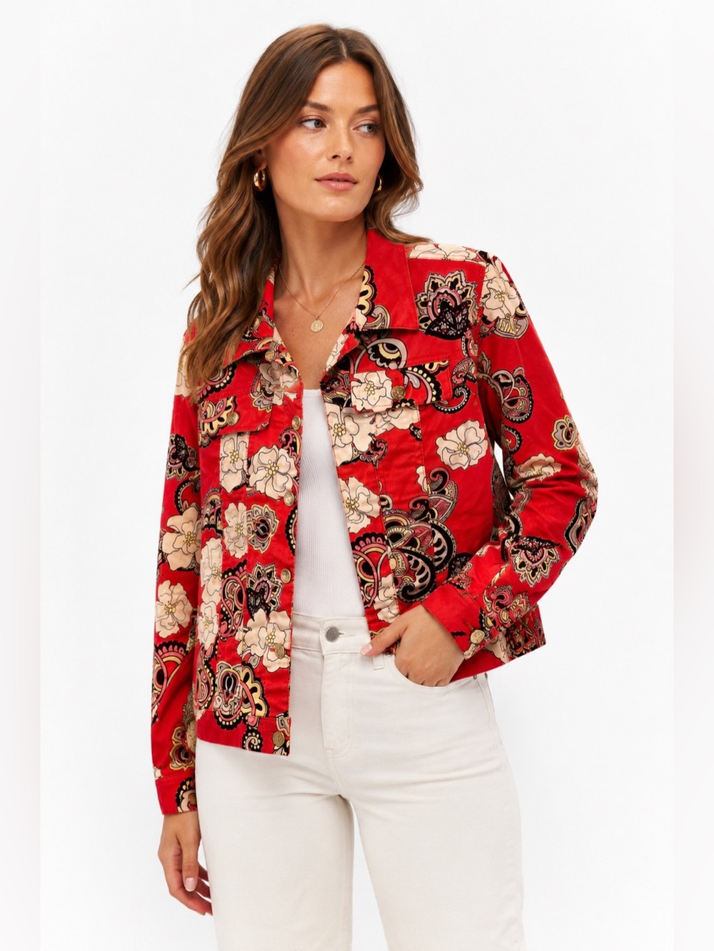 Island Republic ($85) Red Paisley Floral Denim-Style Jacket - PTP 21